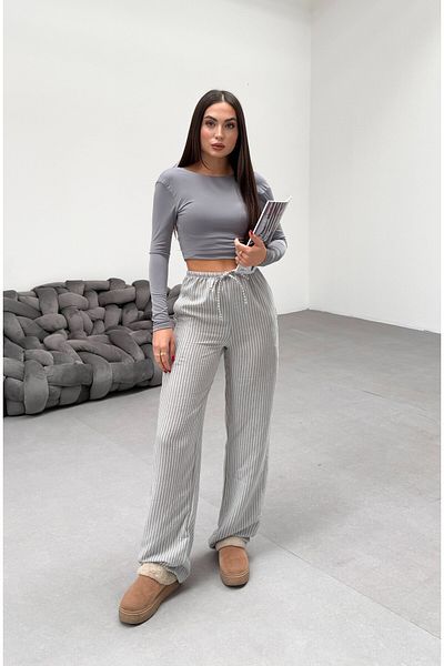 veres Women's Gray Striped Linen Fabric Loose Cut Summer Thin Trousers