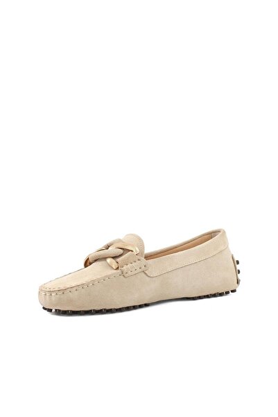 Genel Markalar Kadın Bej Hakiki Süet Deri Zincir Tokalı Loafer Babet