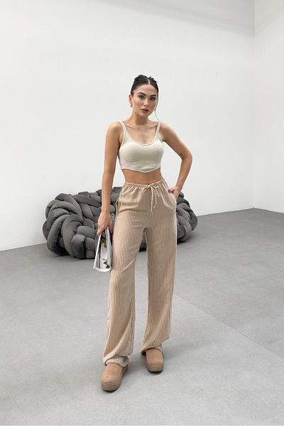 veres Women's Brown Striped Linen Fabric Loose Cut Summer Thin Pants