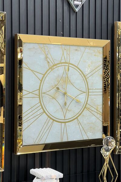 Efe Ayna MERMER- BEYAZ GOLD AYNA DUVAR SAATİ 70x70CM