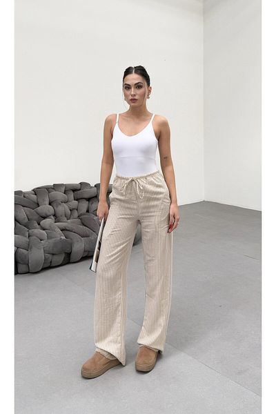 veres Women's Beige Striped Linen Fabric Loose Cut Summer Thin Trousers