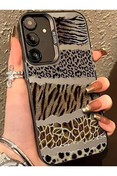 Deppo Trend Samsung Galaxy S20 Fe Uyumlu Kılıf Leopar Desenli Kahverengi Çizgili Metalik Tuşlu Kamera Çıkıntılı