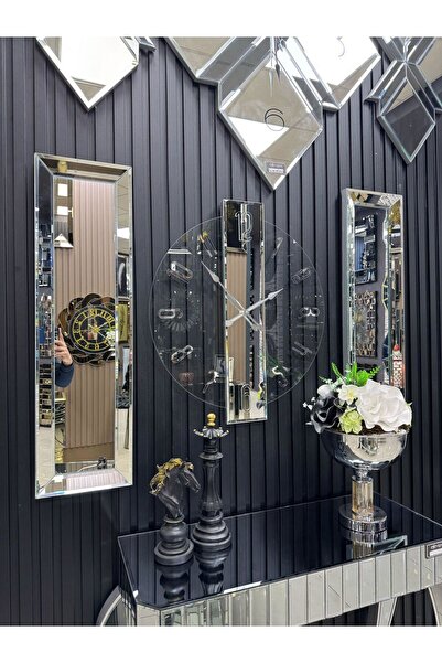 Efe Ayna ŞEFFAF DUVAR SAATİ-3'LÜ GÜMÜŞ DUVAR SAATİ & YAN AYNA SETİ