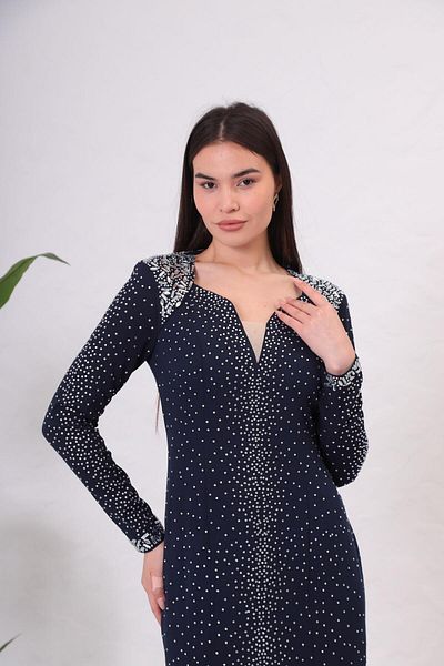 Robes Women's Long Sleeve Dense Stone Printed Heart Neckline Stylish Design Evening Dress