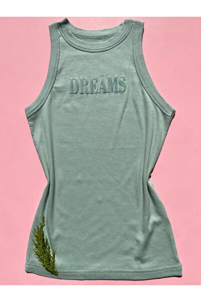 LEYNA BUTİK Green-Black 2-Piece Modal Camisole T-Shirt Athlete Halter Collar Embossed Printed