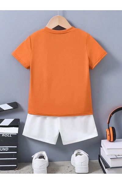 vinraus Girl\Boy Orange-White Ideal and Reality Printed Combed Cotton Shorts-Tshirt Set