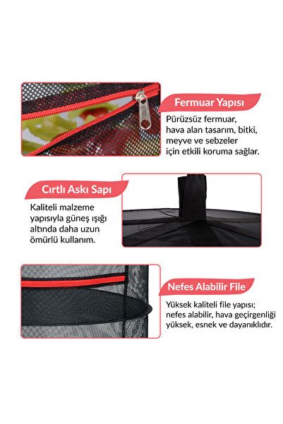 ULZKA Lüx 4 Katlı Kırmızı Fermuarlı Meyve Sebze Kurutma Filesi | Meyve Sebze Doğal Kurutma Sepeti