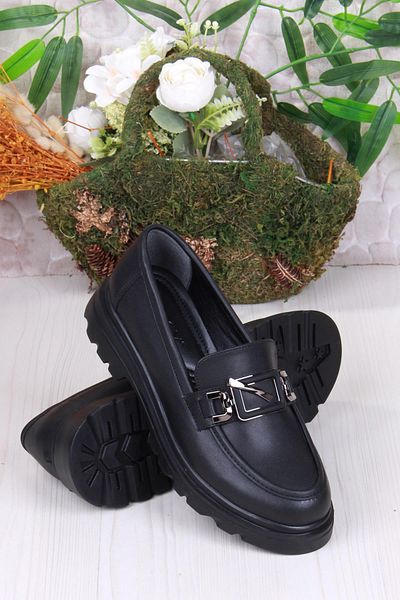 fort 35825 Black Skin Buckle Detailed Comfortable Loafer Women's Shoes