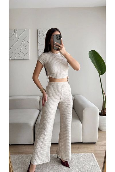 Zoom Butik طقم بنطال وبنطلون مطاطي بخصر - بيج