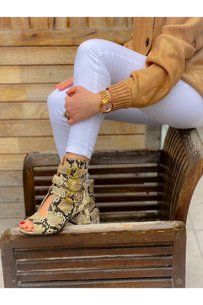 BERFONA ELLAS BEJ PIELE DE SNAK TOC 5 CM SANDALE CIZME DE VARĂ