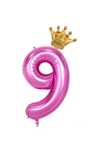 Flippy Balon folie metalică - Numărul 9 cu coroană, 100 cm, roz