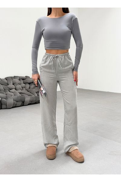 veres Women's Gray Striped Linen Fabric Loose Cut Summer Thin Trousers