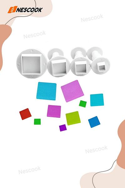 nescook Set of 4 Square Shaped Cutters - Fondant Cutter - Cookie Mold - Sugar Dough Cutter