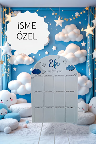 aze kids İsme Özel Gökyüzü Temalı İlk Yıl Anı Panosu | Ay ve Bulutlu 12 Aylık...