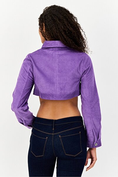 collusion Women Corduroy Denim Crop Jacket Shirt, Purple