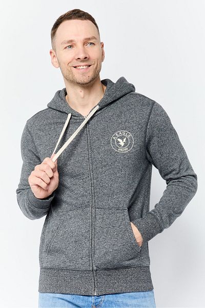 AMERICAN EAGLE Men Brand Logo Long Sleeve Full Zip Hoodie, Dark Heather Grey