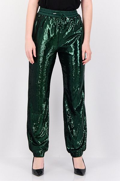 Esprit Women Regular Fit Straight Leg Sequined Pants, Green