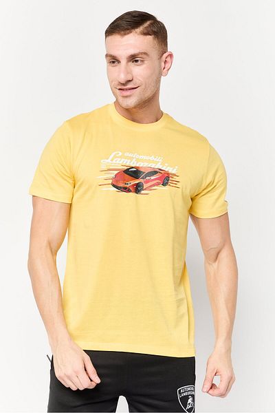 Lamborghini Men Crew Neck Short Sleeve Graphic Print T-Shirt, Yellow