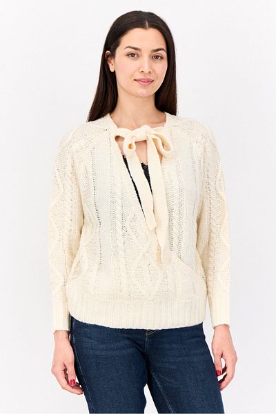 Brave Soul Women V-neck Long Sleeves Knitted Sweaters, Cream