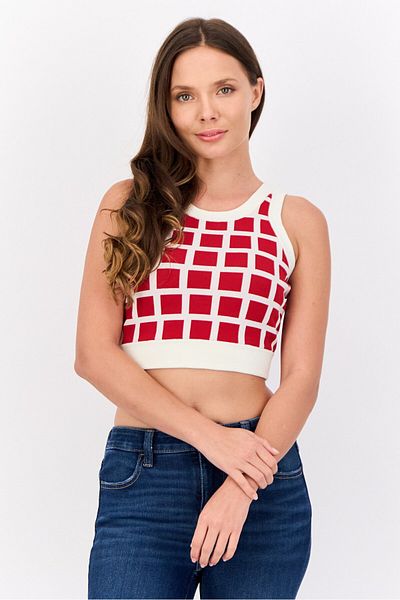 Esprit Women Crew Neck Checkered Crop Top, Red
