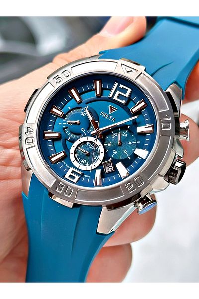 Fiesta Blue Color Sport Silicone Steel Case Men Wrist Watch + Bracelet