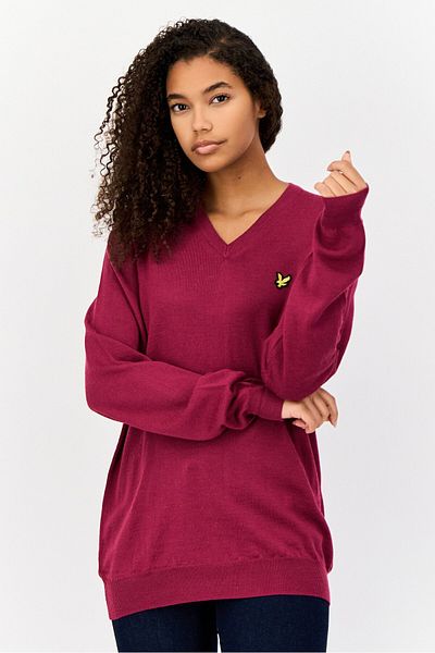 Lyle & Scott Women V-neck Textured Sweater, Wine Red