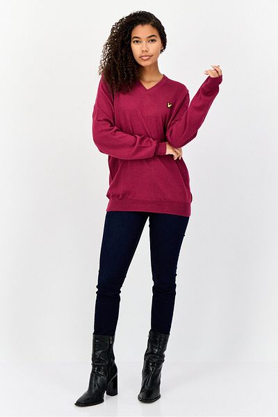 Lyle & Scott Women V-neck Textured Sweater, Wine Red