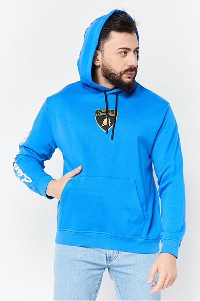 Lamborghini Men Brand Logo Long Sleeves Kangaroo Pocket Hoodie, Blue