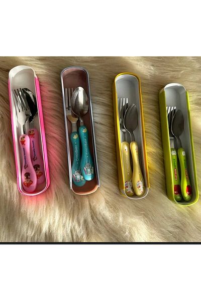 elfnur 1 Piece Children's Silicone Handled Figured Metal Tip Spoon and Fork - Feeding Spoon Set