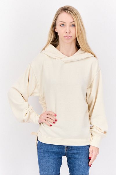 aerie Women Hooded Solid Ruched Long Sleeves Sweatshirt, Beige