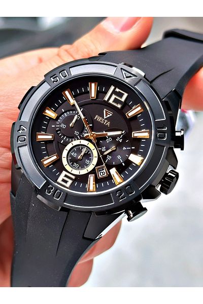 Fiesta Black Color Sport Silicone Steel Case Men Wrist Watch + Bracelet