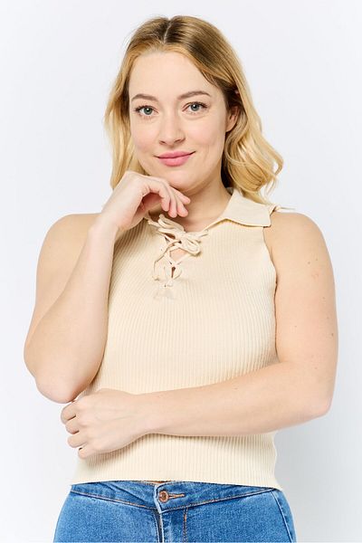 Don't Call Me Jennyfer Women Spread Collar Sleeveless Ribbed Top, Beige