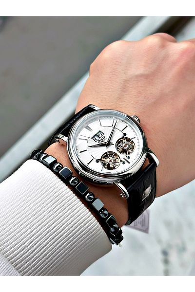 Fiesta Black Color Double Turbines Leather Band Business Automatic Men Wrist Watch + Bracelet