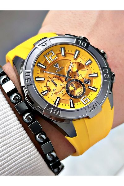 Fiesta Yellow Color Sport Silicone Steel Case Men Wrist Watch + Bracelet