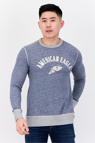 AMERICAN EAGLE Men Crew Neck Embroidered Long Sleeves Sweatshirt, Slate Blue