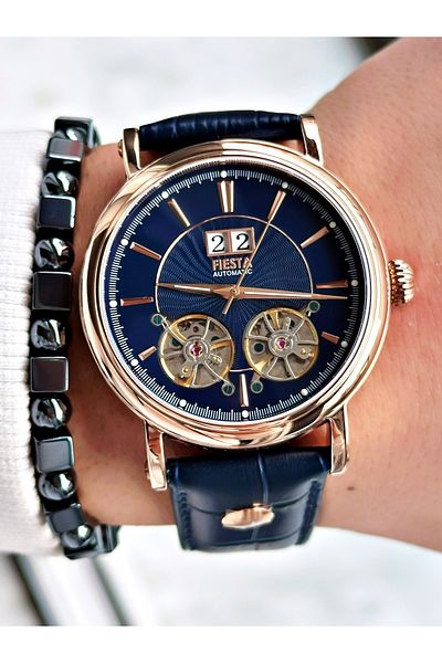 Fiesta Navy Blue Color Double Turbines Leather Cord Business Automatic Men Wrist Watch + Bracelet