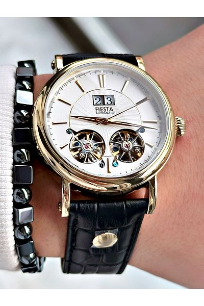 Fiesta Black Color Double Turbines Leather Band Business Automatic Men Wrist Watch + Bracelet
