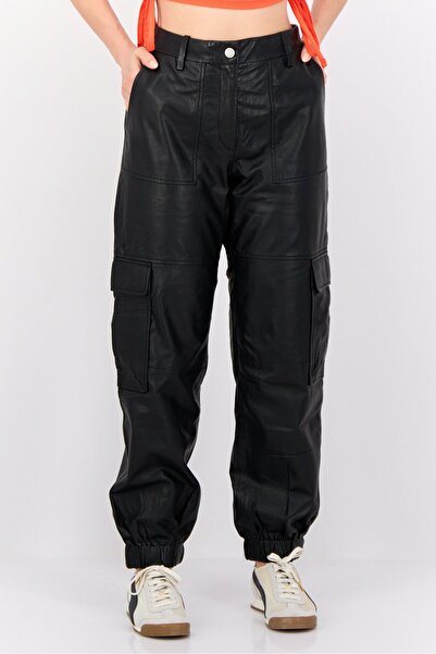 Esprit Women Regular Fit Solid Faux Leather Cargo Pants, Black