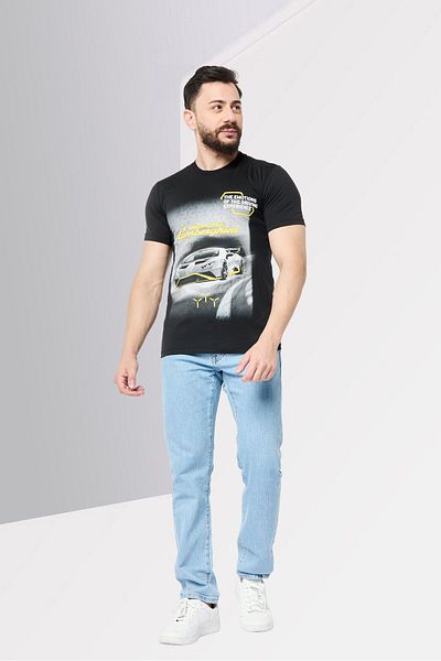 Lamborghini Men Crew Neck Short Sleeves Graphic Printed T-Shirt, Black