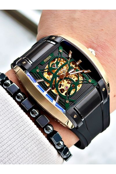 Fiesta Black Color Sport Silicone Square Steel Case Automatic Business Men Wrist Watch + Bracelet
