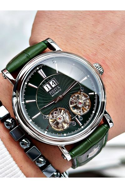 Fiesta Green Color Double Turbines Leather Band Business Automatic Men Wrist Watch + Bracelet
