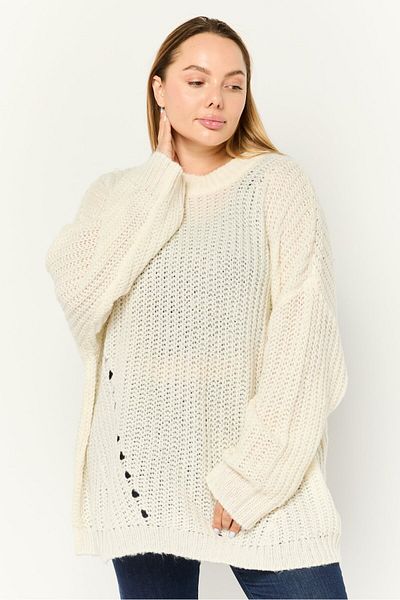 AMERICAN EAGLE Women Ribbed Collar Crochet Sweater, Off White