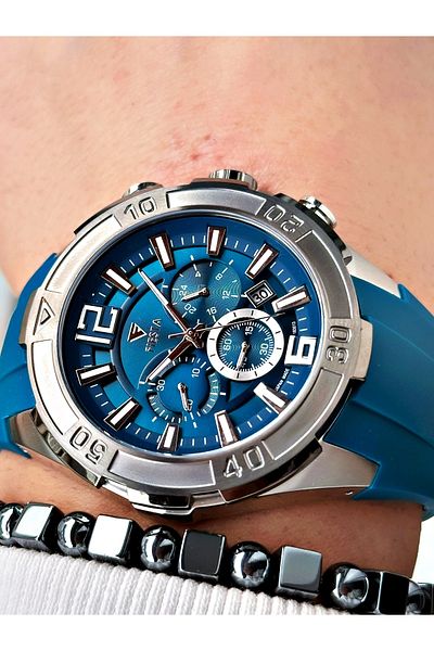 Fiesta Blue Color Sport Silicone Steel Case Men Wrist Watch + Bracelet