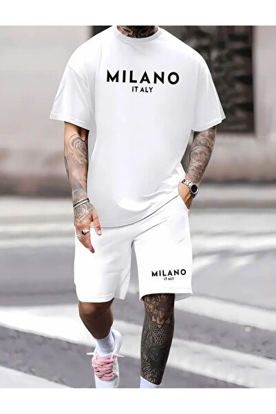 Framgan Set de tricou și pantaloni scurți negru/alb cu imprimeu Milano pentru...