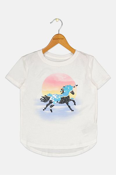 GAP Kids Girl Round Neck Short Sleeves Printed Top, Off White