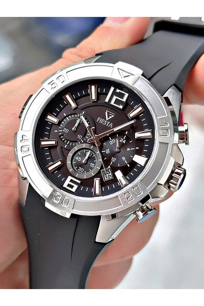 Fiesta Black Color Sport Silicone Steel Case Men Wrist Watch + Bracelet