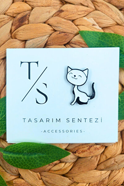 Tasarım Sentezi Rozet Metal Broş Kedi Siyah Beyaz Sevimli Tatlı Cat Yaka Okul...