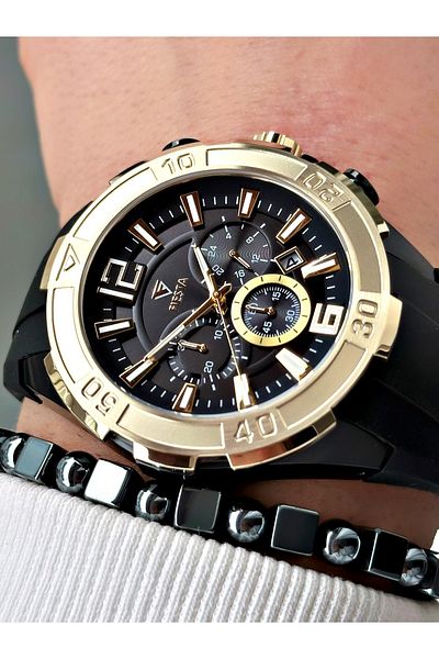 Fiesta Black Color Sport Silicone Steel Case Men Wrist Watch + Bracelet
