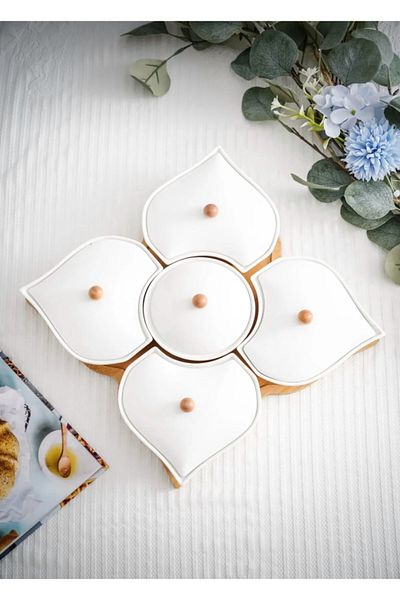 CEZVE HOME Porcelain Luxury Breakfast Set with Bamboo Stand and 5 Porcelain Covers