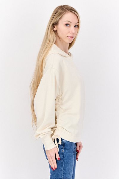 aerie Women Hooded Solid Ruched Long Sleeves Sweatshirt, Beige